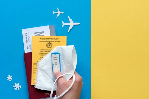 New Normal Travel Covid Restrictions Flat Lay Blue Yellow Paper — Stock Photo, Image