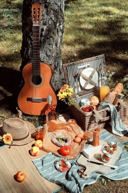 Klasik piknik sepeti, baget ve limonata ile birlikte peynir, mozzarella, domates, kiraz, asma. Gitar yaşlı ağaçtan. Hasır hasırda atıştırmalıklar. Açık havada çevre dostu piknik..