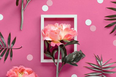 Beyaz çerçeveli pembe şakayık, palmiye yaprakları. Yaratıcı düz konum, soyut geometrik arkaplanda üst görünüm. Çerçeveler ve benekler pembe kağıt üzerinde.