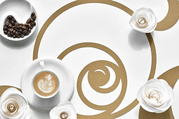 Kaffeetassen Fibonacci Sequenzkreise Espresso Schmackhafte Perfektion Goldener Schnitt Papierblumen Weiße — Stockfoto