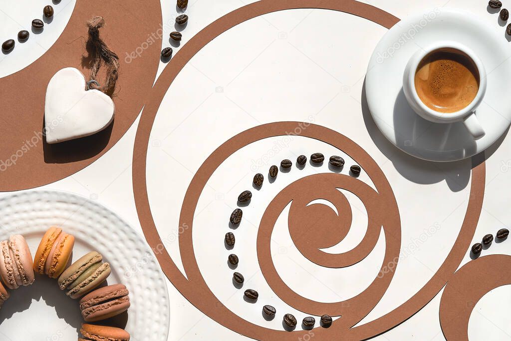 Coffee cup, Fibonacci sequence circle with coffee beans. espresso, tasty perfection. Golden ratio concept, silhouette paper art. Top view, flat lay in two tone white brown colors on white background.