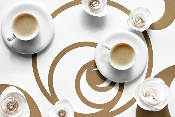 Kaffeetassen Fibonacci Sequenzkreise Espresso Schmackhafte Perfektion Goldener Schnitt Papierblumen Weiße — Stockfoto