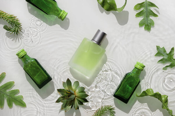Косметическая кожа фона, брызги воды. Травяные лекарства с зелеными листьями. Прозрачные, тёмные стеклянные флаконы для жидкого продукта. Естественный солнечный свет, тени. Зеленый цвет кожи.
