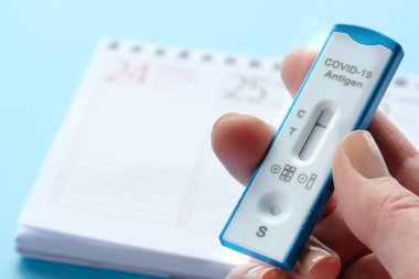 Haftanın planlamacısı, en hızlı korona sınavı, Almanca. Hafta planlama takvimi ve nane mavisi masada pp2 tıbbi yüz maskesi. Deneme konsept düzenlemesi. Daha çok test et, hayat kurtar..