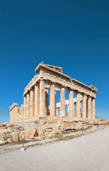 Храм Парфенона Яскравий День Блакитним Небом Панорама Зроблена Акрополі Греція — стокове фото