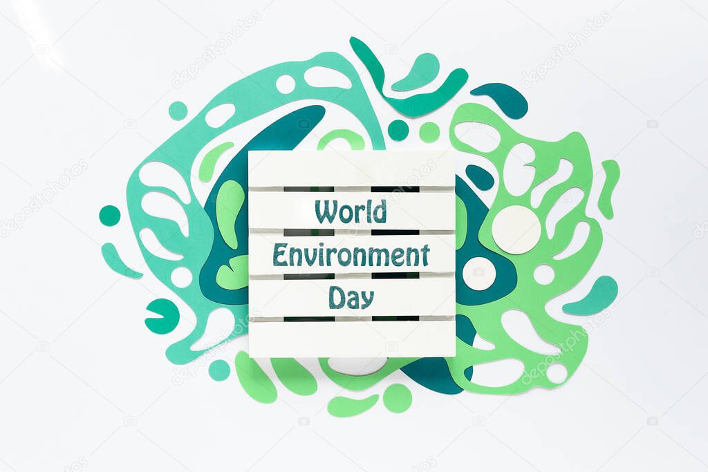 World Environment day. Abstract fluid shapes, paper art in green shades. Off white concept background, monochrome look. Wood palette with text. Holiday to celebrate sustainable eco friendly lifestyle.