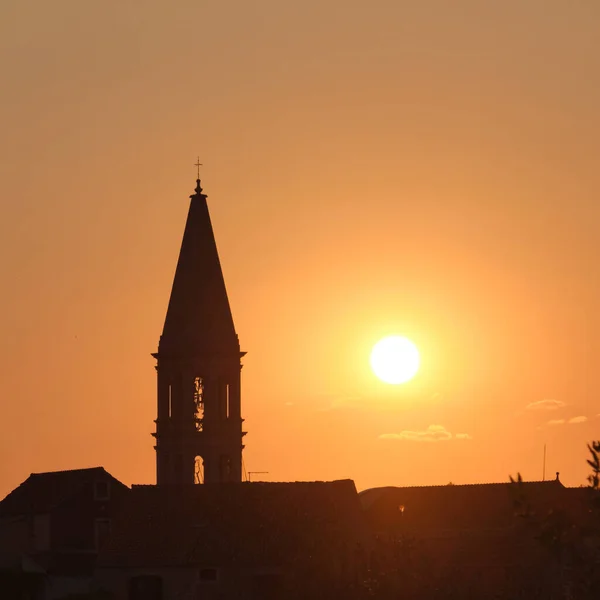 Silhouette Clocher Église Saint Étienne Stari Grad Sur Île Hvar — Photo