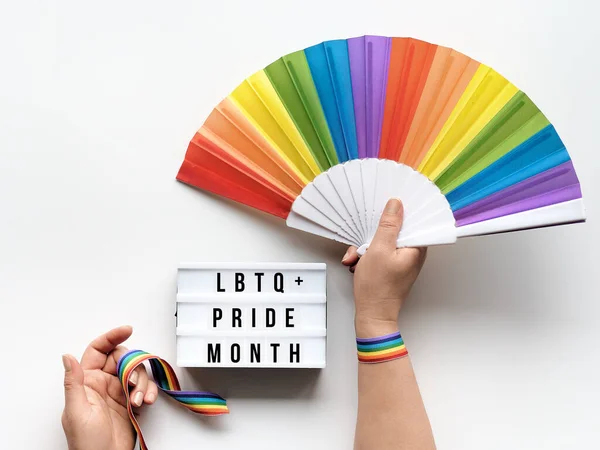 Hbtq Stolthet Månad Inredning Text Happy Pride Month Ljuslåda Regnbåge — Stockfoto