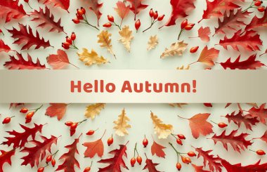 Kağıt şerit üzerinde Hallo Autumn 'a çeşitli kırmızı sonbahar yapraklarının dairesel düzenini yaz. Doğal malzemelerin basit mevsimsel tasarımı. Üst görünüm, düz görünüm, tonlu görüntü.