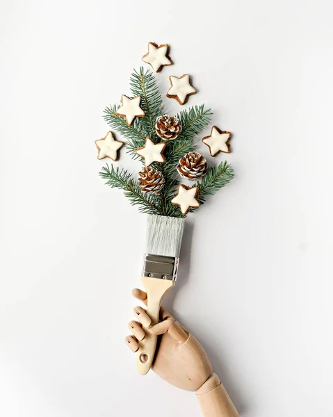 Brush Christmas Tree Twigs Natural Fir Decorated Pine Cones Star — Stock Photo, Image