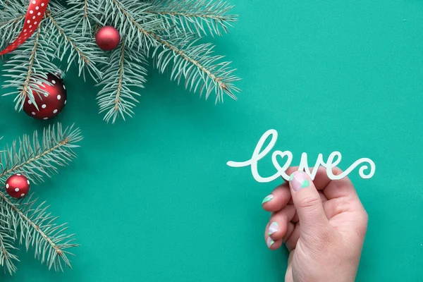 Fond Noël Sur Turquoise Textile Vert Avec Texte Bois Amour — Photo