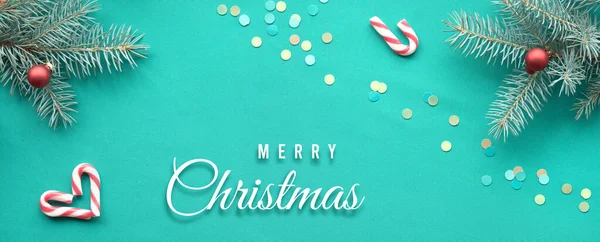 Χριστουγεννιάτικο Πανόραμα Πανοραμικό Φόντο Κείμενο Καλά Χριστούγεννα Τυρκουάζ Ύφασμα Top — Φωτογραφία Αρχείου