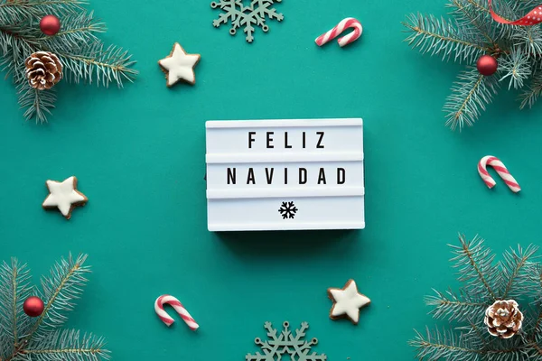 Light Box Text Feliz Navidad Merry Christmas Spanish Language Xmas — 스톡 사진