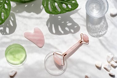 Nemlendirici, egzotik yapraklı pembe kuvars yüz silindiri. Monstera Adansonii gidiyor. Güneş ışığı, uzun gölgeler. Minimum düz beyaz zemin üzerinde yatıyordu. Yüz masajı arka planında kendi kendine yapılmış jel...