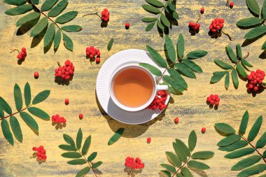 Bir fincan siyah çay. Rowan böğürtleni, rowanberry yaprakları ve böğürtlenli doğal sonbahar arkaplanı. Düz yatıyordu, üst görünümü sarı ahşap bir tahtanın üzerindeydi. Basit doğal mevsimlik arka plan sıcak içecekle.