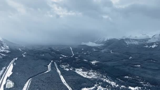 カナダのアルバータ州カナナスキスの雪に覆われた山々の間の無限の森林谷を鳥の目で見るカメラが捉えます — ストック動画