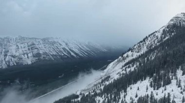 Kananaskis, Alberta, Kanada 'da kara donmuş ormanlarla kaplı kış manzarasını filme alan drone.