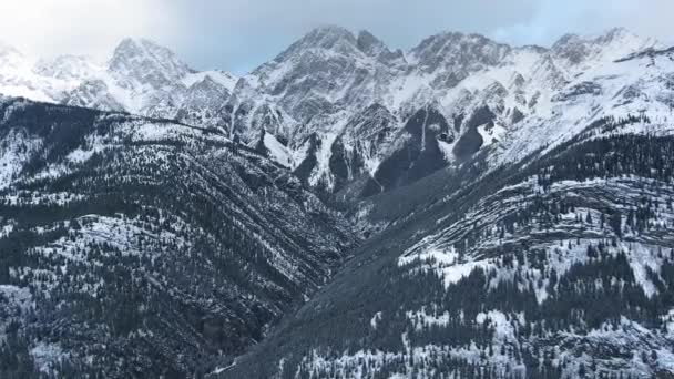 カナナスキス、アルバータ州、カナダの白い雪と霞の中の森林の山の斜面とピークの空中ショット — ストック動画