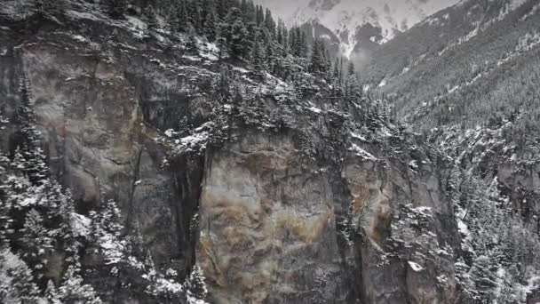 Drone volando desde el pie de las montañas con árboles congelados en Kananaskis, Alberta, Canadá — Vídeos de Stock