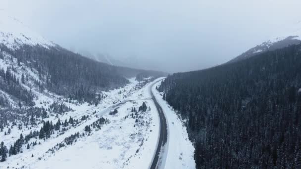 Aerial Shot Mountain Range Black Winter Forest Road Dissolving Snowy — Vídeos de Stock