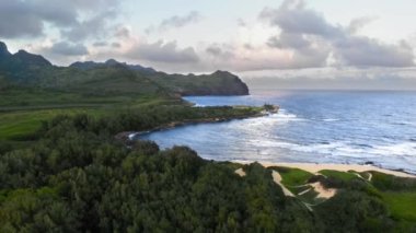 Yoğun orman, dağ ve okyanus (Kauai, Hawaii, ABD) ile tropikal bir adanın muhteşem kuş bakışı görüntüsü)