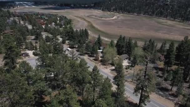 Zdjęcia lotnicze lasu z domami przy drodze z samochodami, widok z drona na pole w pobliżu obserwatorium Big Bear Solar i Big Bear Lake, Kalifornia, USA — Wideo stockowe