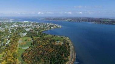Güneşli bir günde yaz parkının hava görüntüleri, Kanada, Charlottetown, Prens Edward Adası 'nda insansız hava aracı görüntüsü.