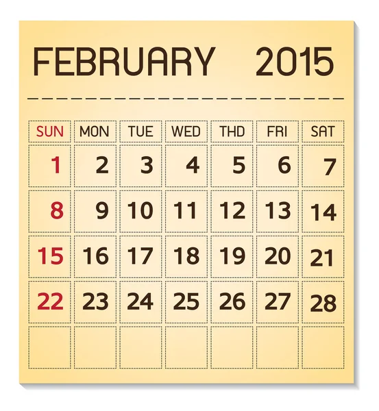 Calendario 2015 febbraio — Vettoriale Stock