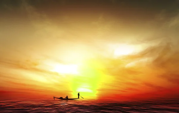 Silhouette photo pêcheur nature coucher de soleil — Photo