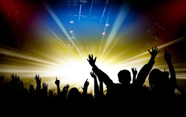 Konser ve parlak sahne ışıkları arka plan siluetleri