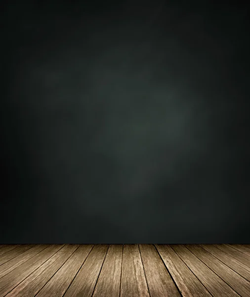 Wooden floor with black wall background — Stock Photo, Image