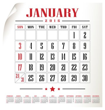 Takvim 2016 vektör ve illüstrasyon