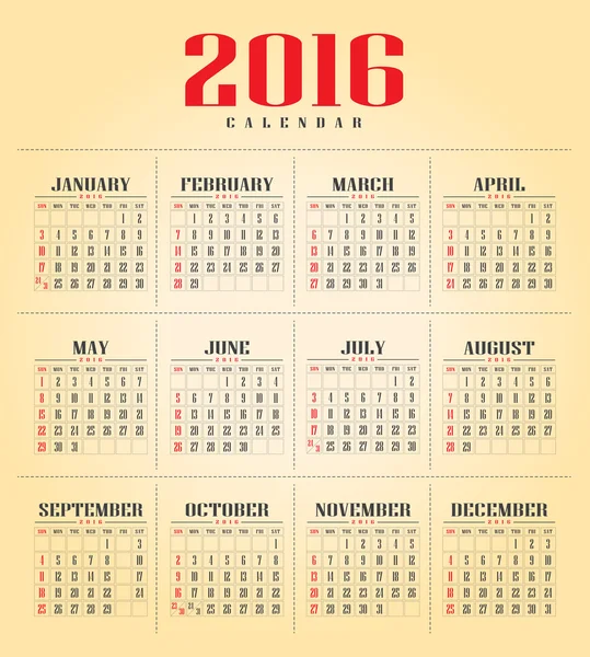 Calendario 2016 Plantilla vectorial — Vector de stock