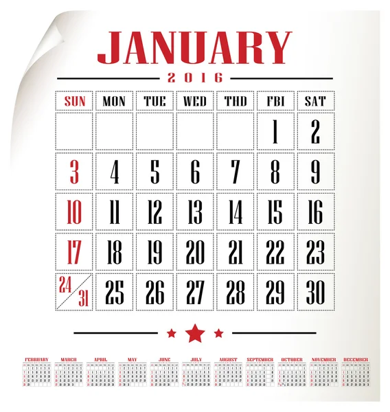 カレンダー 2016 年ベクトルとイラスト — ストックベクタ