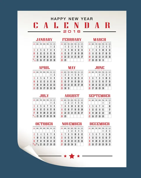 Calendar 2016 vector and illustration — Stock Vector