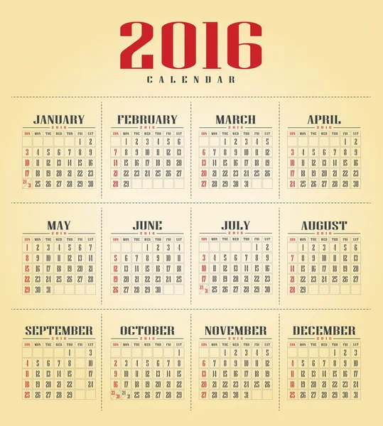 Calendario 2016 vettoriale e illustrazione — Vettoriale Stock