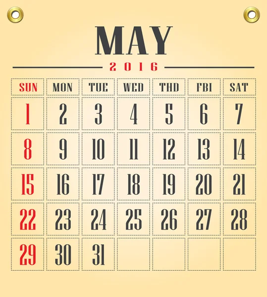 Calendario 2016-05 mayo — Archivo Imágenes Vectoriales