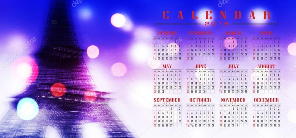 Calendar 2016 illustration of motion blur bokeh background