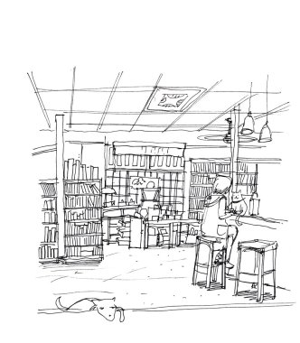 Cafe Kahve Dükkanı, aşçı depolamak kedi ve köpek, kavram iş illus