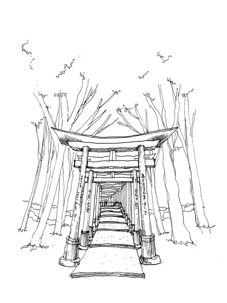 Red gate toriiFushimi Inari, Kyoto landmark hand drawing illustr — Stock Photo, Image