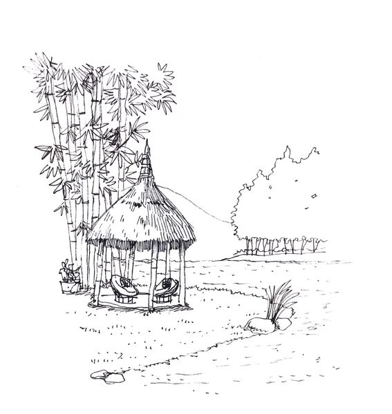Gazebo zona de descanso en el jardín al lado del lago ilustración — Foto de Stock