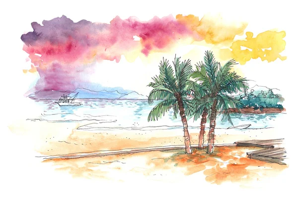 Akvarelu západ slunce na tropické pláži — Stock fotografie
