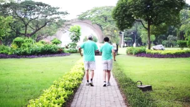 Video von gesunden asiatischen Senioren beim Sport und gemeinsamen Spaziergang durch den Park — Stockvideo