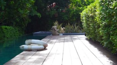Tropikal resort havuz ortasında yemyeşil ağaç doğa