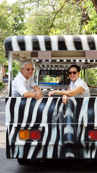 Ázsiai idősebb pár szafari autó Zebra: Állatkert trail lovaglás — Stock Fotó