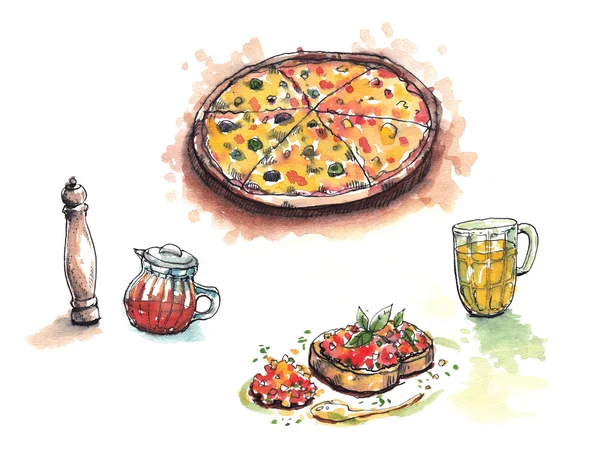 Italian food, pizza, anitipasto, pepper, chilli oil and beer illustration — Stock Photo, Image