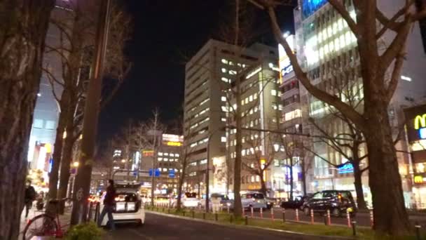 Осака, Япония - март 2015: Вид на движение транспорта по ночному городу Осака, японцы. Свет ночной жизни и жизнь города — стоковое видео