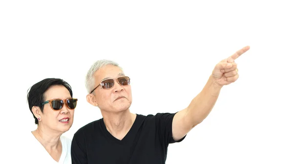 Asian senior couple pointing on white isolate background — Stock Photo, Image