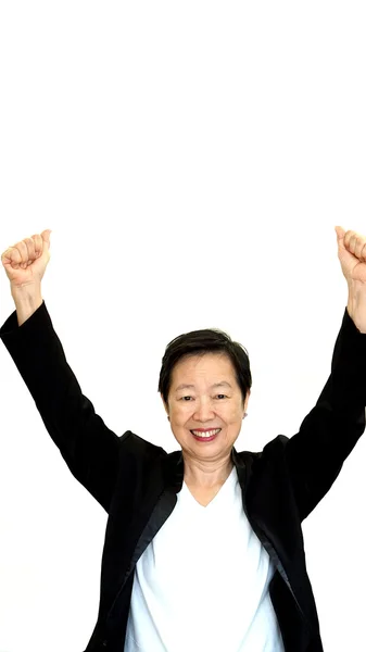 Счастливый бизнес азиатской женщины-менеджера успеха палец вверх на белом изолированном фоне — стоковое фото