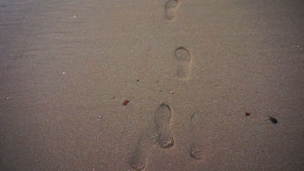 Fußabdrücke am Strand, die eine Welle hinterlassen hat, um abstrakte Vergangenheit und Erinnerung abzuwaschen — Stockvideo